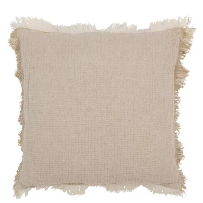 Coussin franges mousseline de coton beige foncé