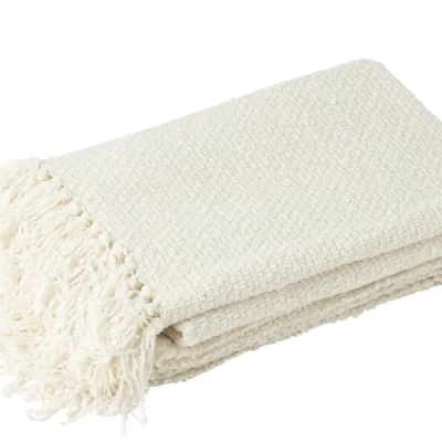 Plaid Tissé avec Franges Viscose Blanc